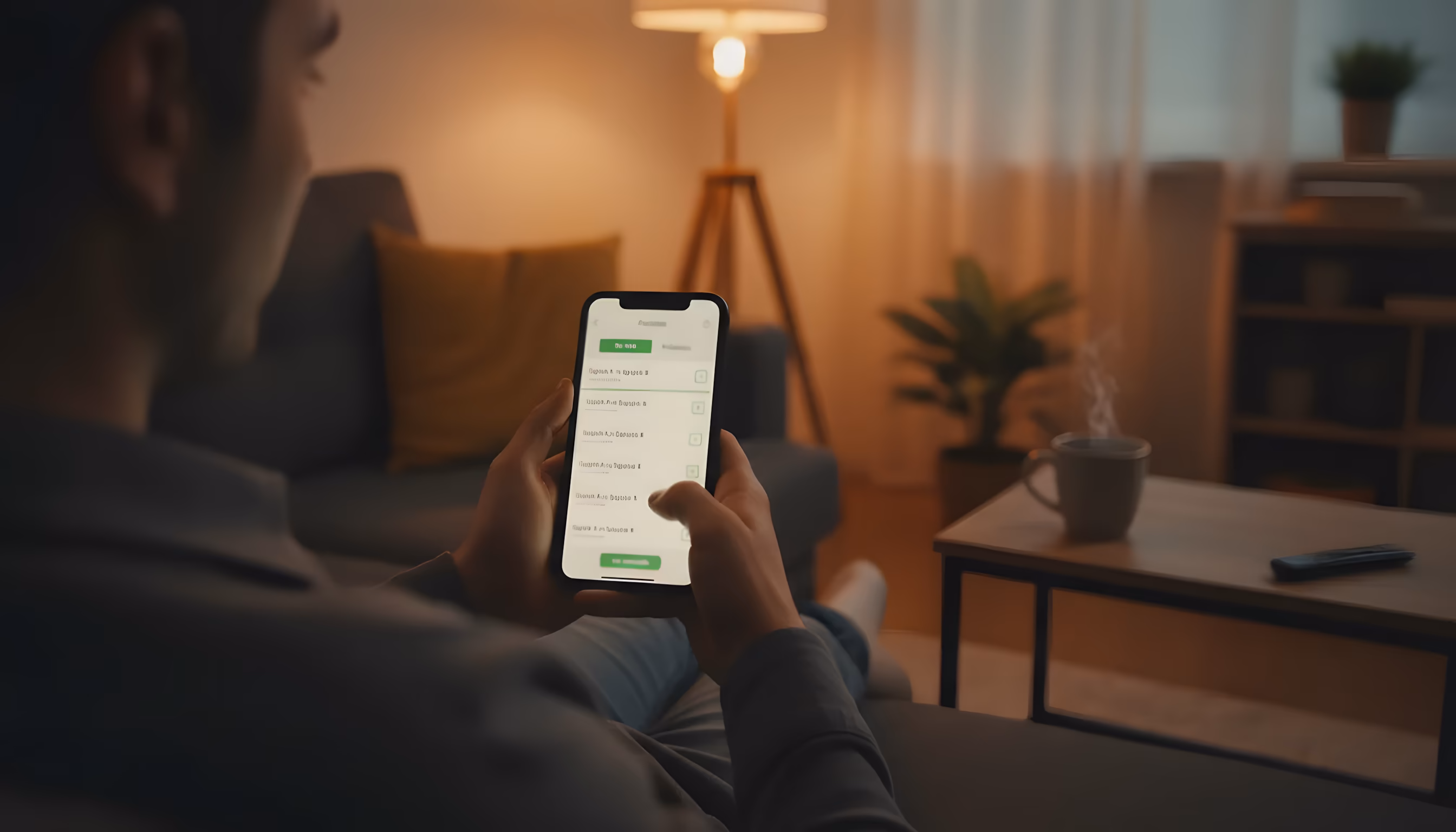 Apostador relajado en un sofá consultando apuestas deportivas virtuales en su teléfono móvil