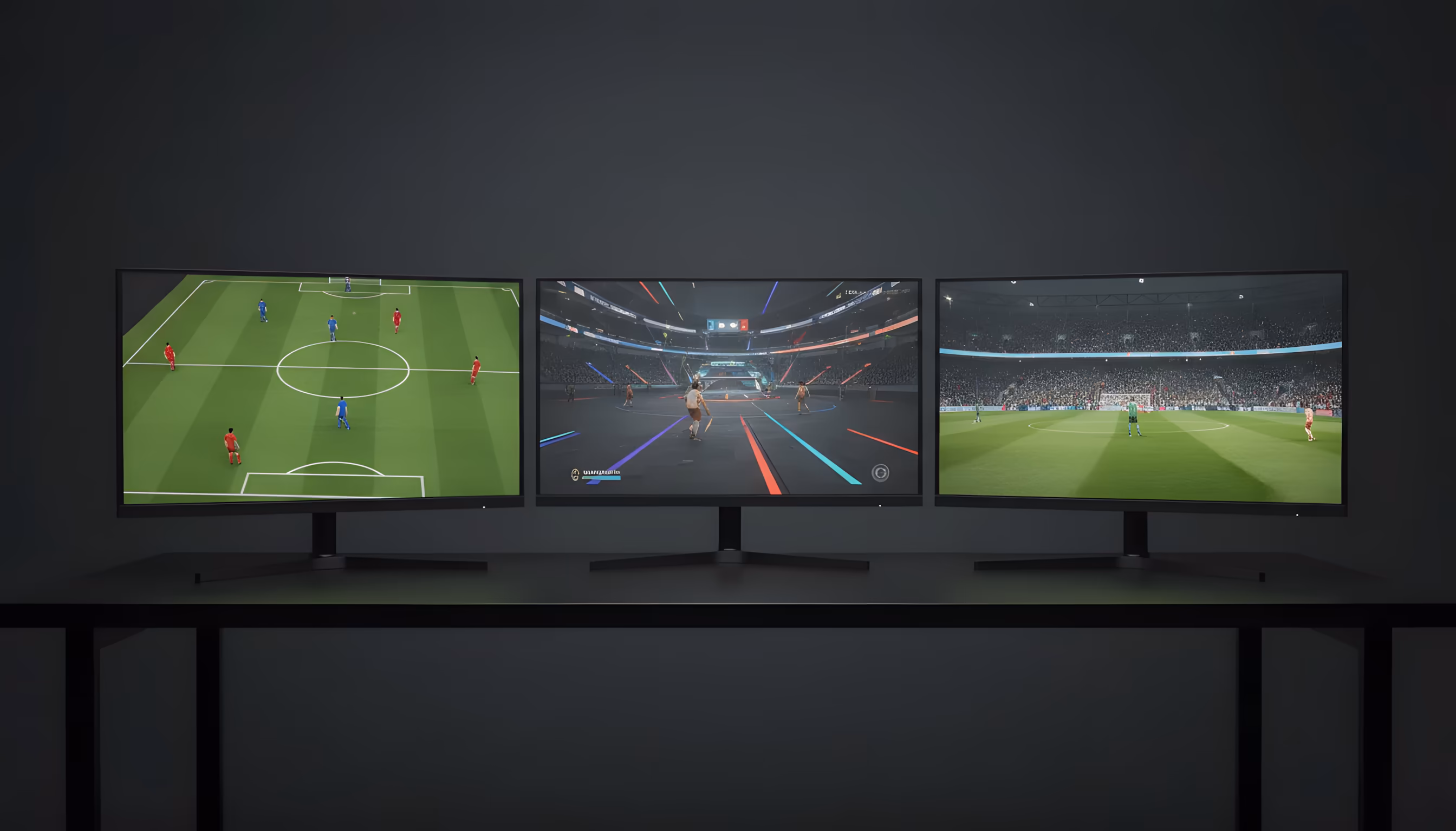 Tres pantallas mostrando deportes virtuales, eSports y retransmisión deportiva tradicional