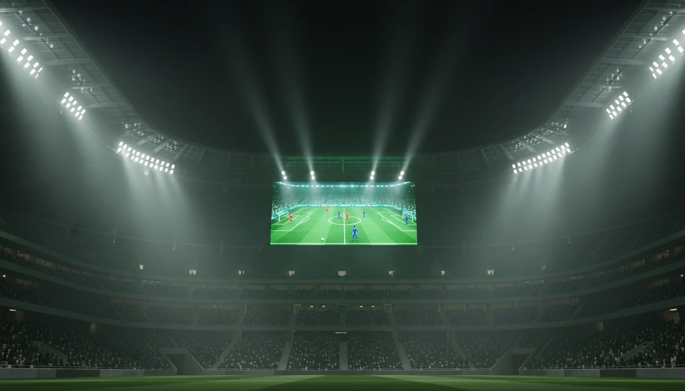 Estadio iluminado con una gran pantalla mostrando una simulación de deportes virtuales